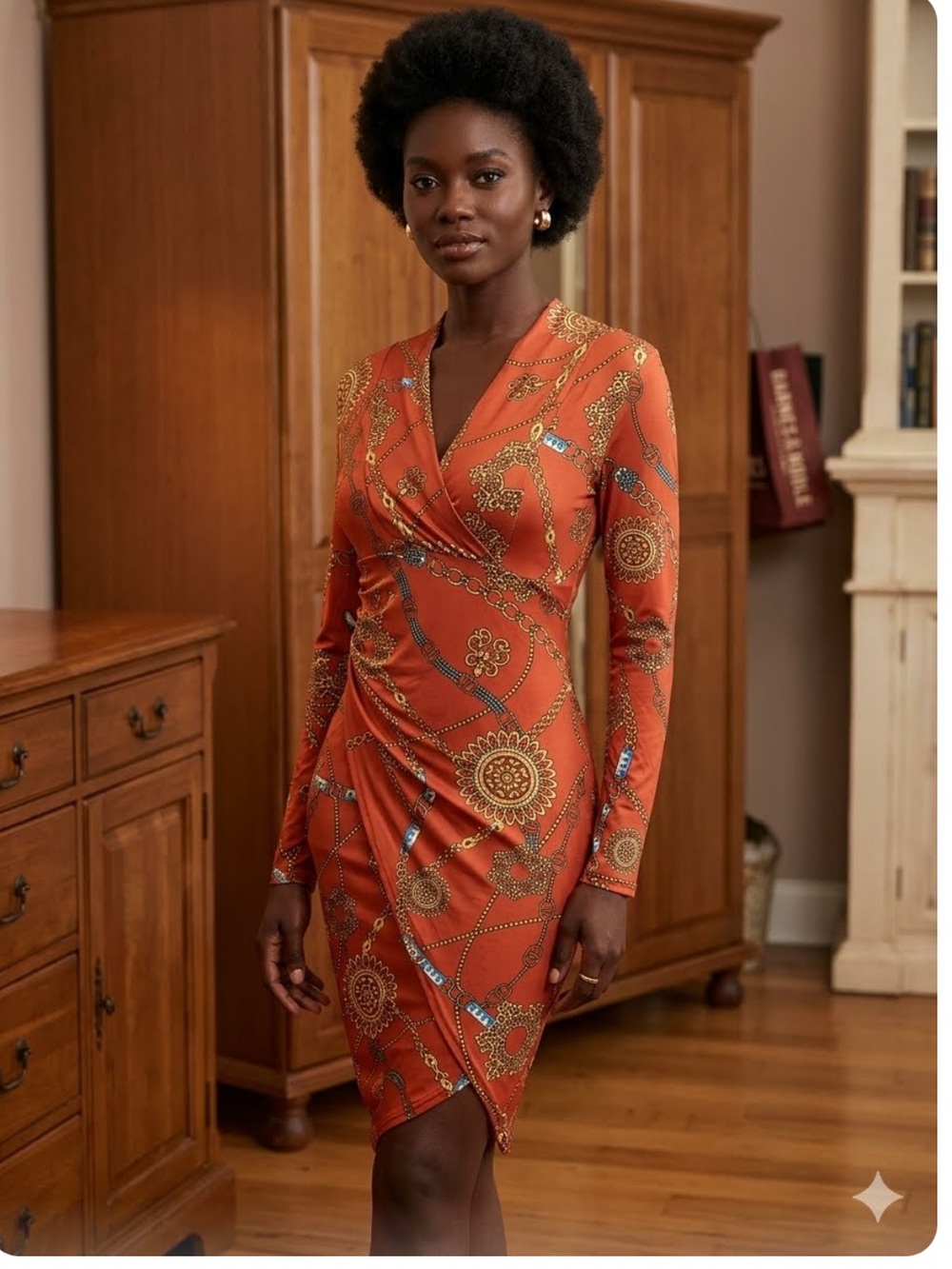 Wrap-Front Mini Dress in Rust Chain Print